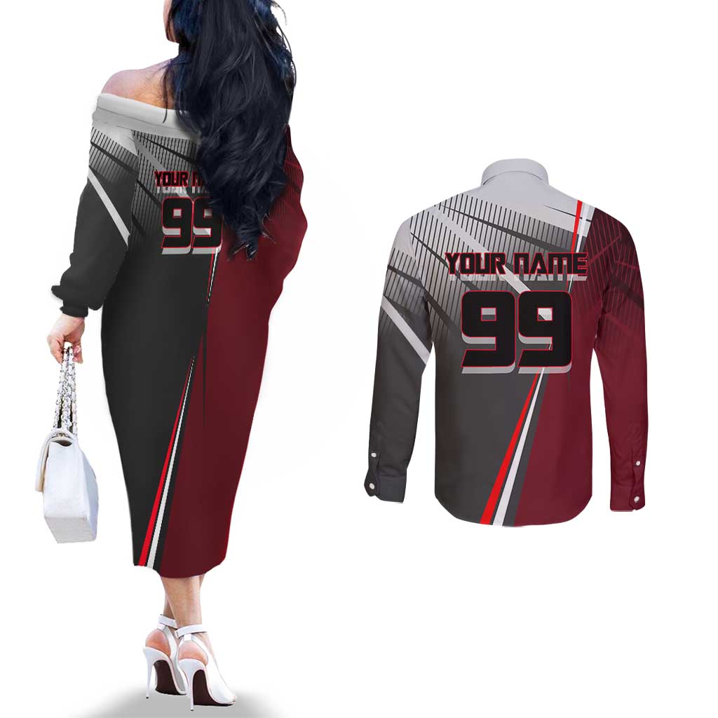 Personalized Choso Jujutsu Kaisen Couples Matching Off The Shoulder Long Sleeve Dress and Long Sleeve Button Shirt with Red Gradient and Dynamic Kick Design