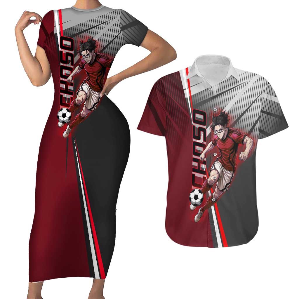 Personalized Choso Jujutsu Kaisen Couples Matching Short Sleeve Bodycon Dress and Hawaiian Shirt with Red Gradient and Dynamic Kick Design