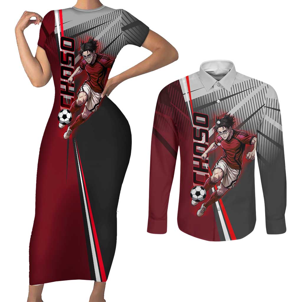 Personalized Choso Jujutsu Kaisen Couples Matching Short Sleeve Bodycon Dress and Long Sleeve Button Shirt with Red Gradient and Dynamic Kick Design