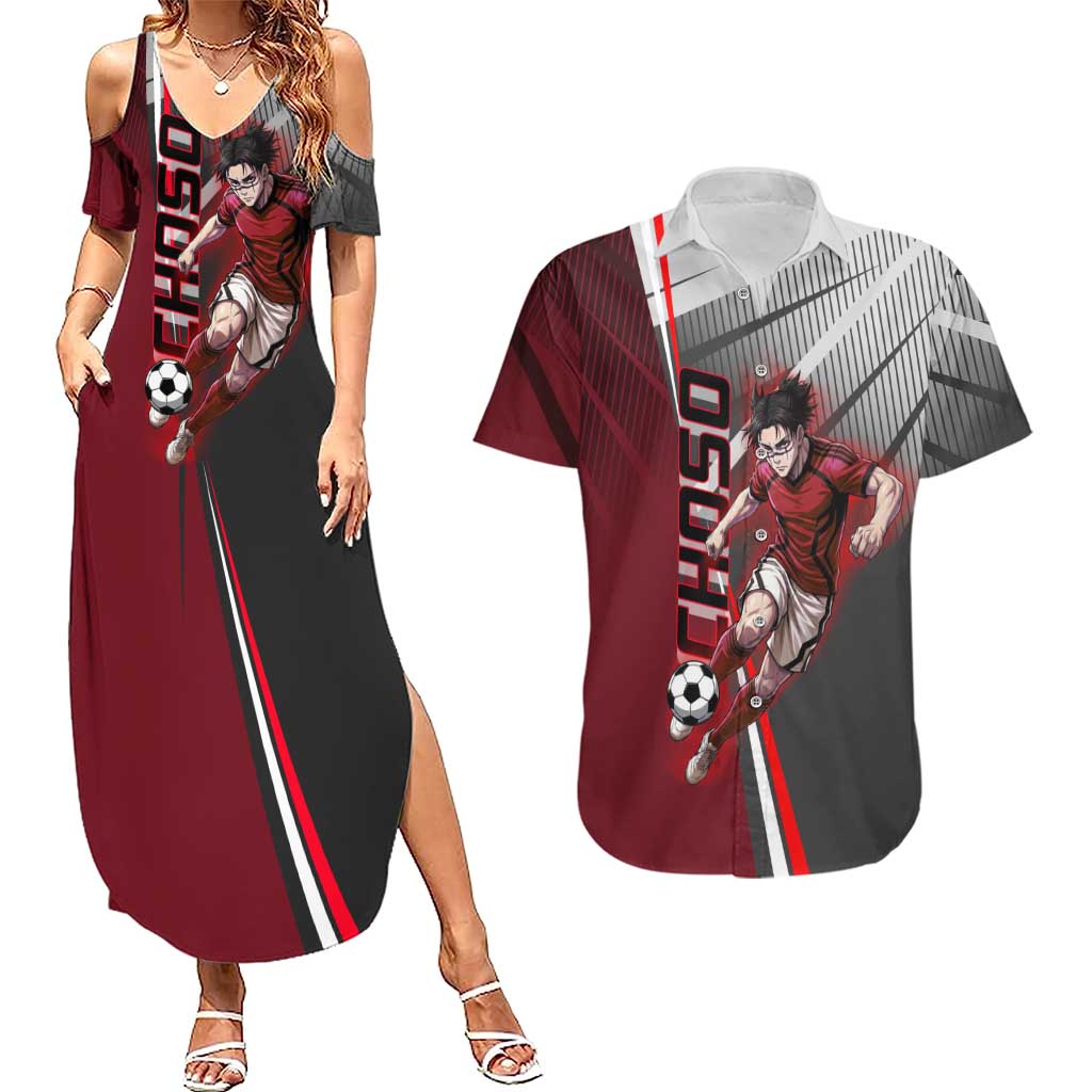 Personalized Choso Jujutsu Kaisen Couples Matching Summer Maxi Dress and Hawaiian Shirt with Red Gradient and Dynamic Kick Design