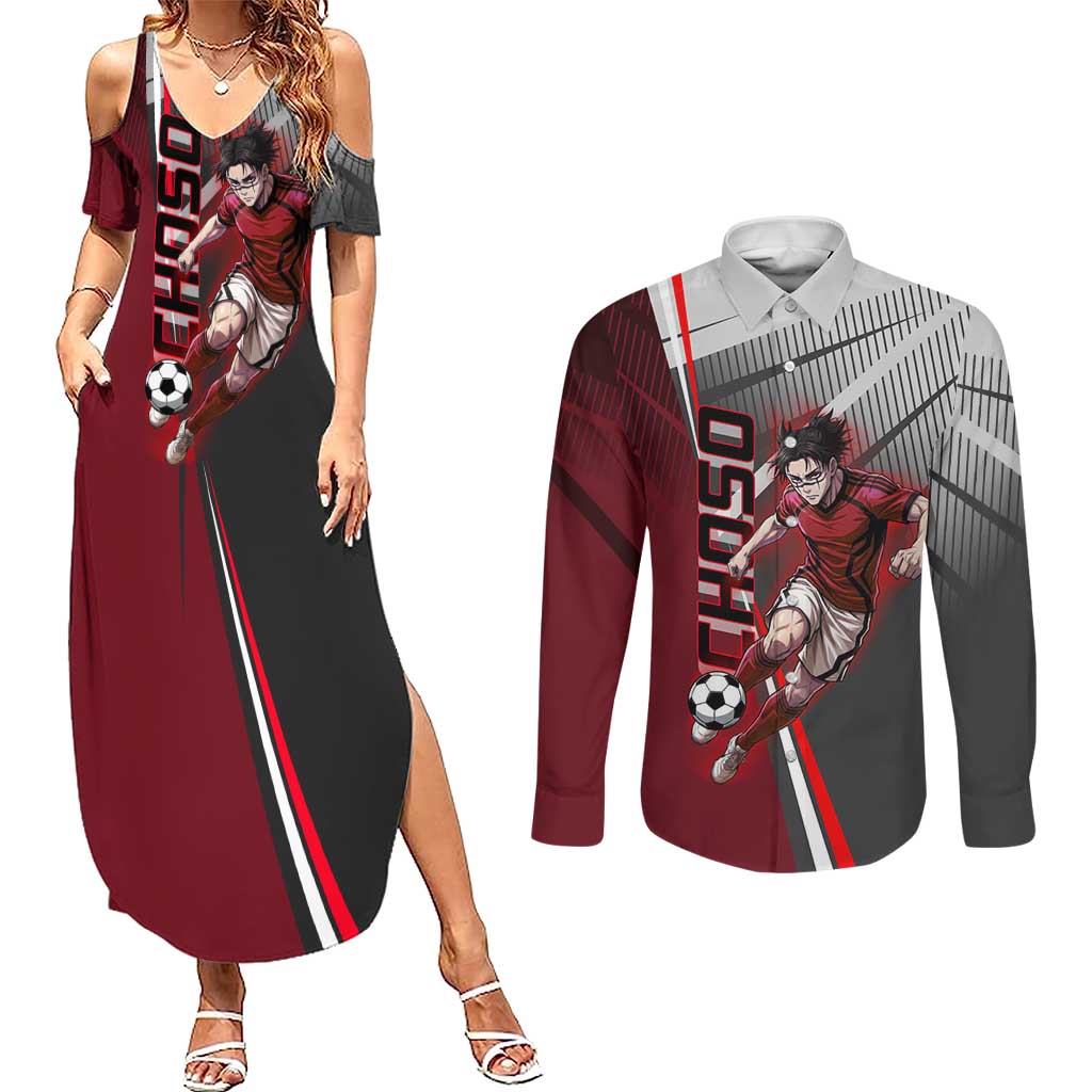Personalized Choso Jujutsu Kaisen Couples Matching Summer Maxi Dress and Long Sleeve Button Shirt with Red Gradient and Dynamic Kick Design