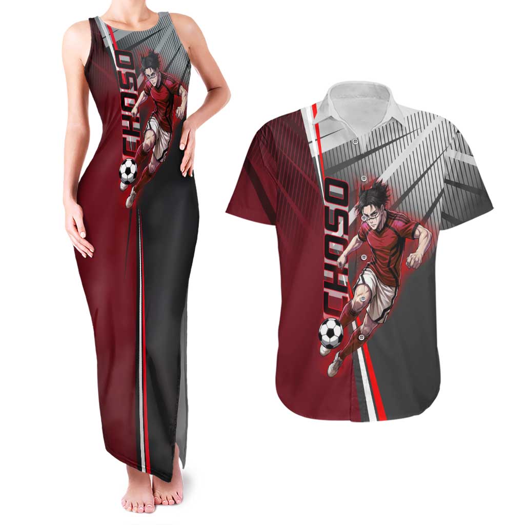 Personalized Choso Jujutsu Kaisen Couples Matching Tank Maxi Dress and Hawaiian Shirt with Red Gradient and Dynamic Kick Design