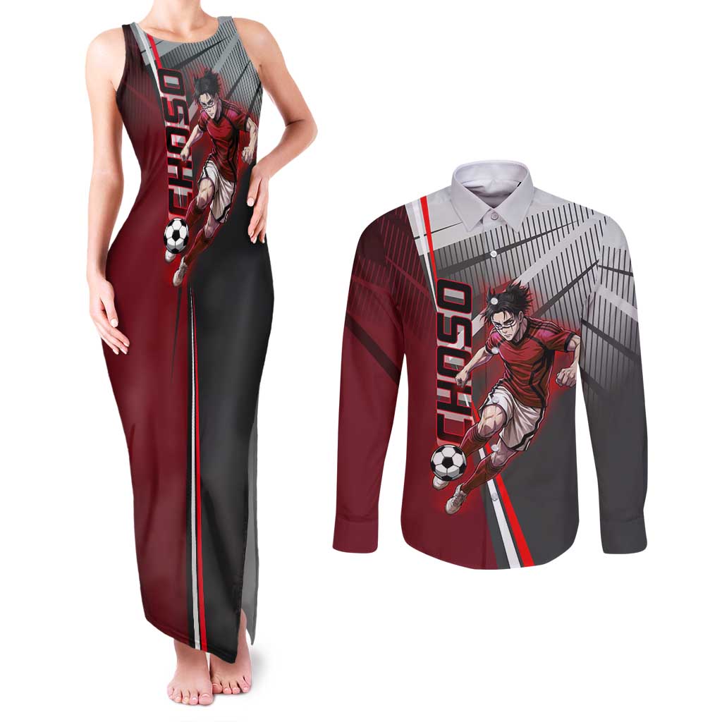 Personalized Choso Jujutsu Kaisen Couples Matching Tank Maxi Dress and Long Sleeve Button Shirt with Red Gradient and Dynamic Kick Design