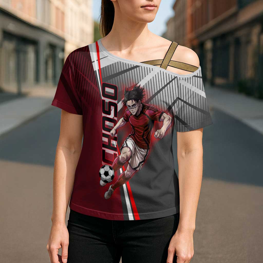 Personalized Choso Jujutsu Kaisen Cross Shoulder Shirt with Red Gradient and Dynamic Kick Design