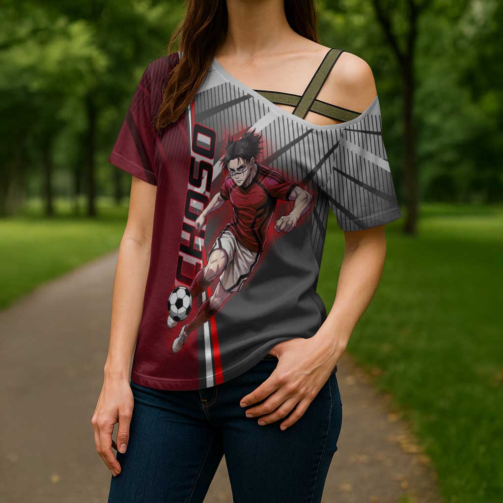 Personalized Choso Jujutsu Kaisen Cross Shoulder Shirt with Red Gradient and Dynamic Kick Design