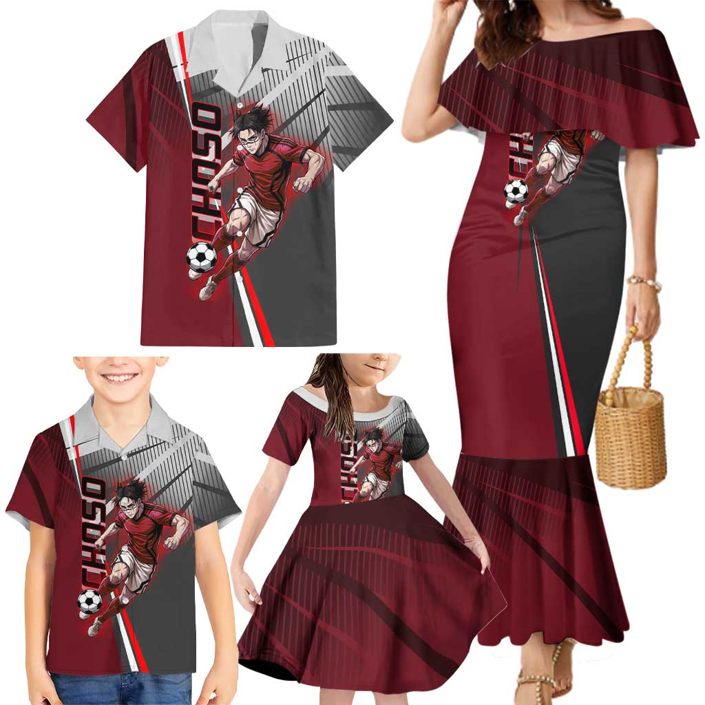 Personalized Choso Jujutsu Kaisen Family Matching Mermaid Dress and Hawaiian Shirt with Red Gradient and Dynamic Kick Design