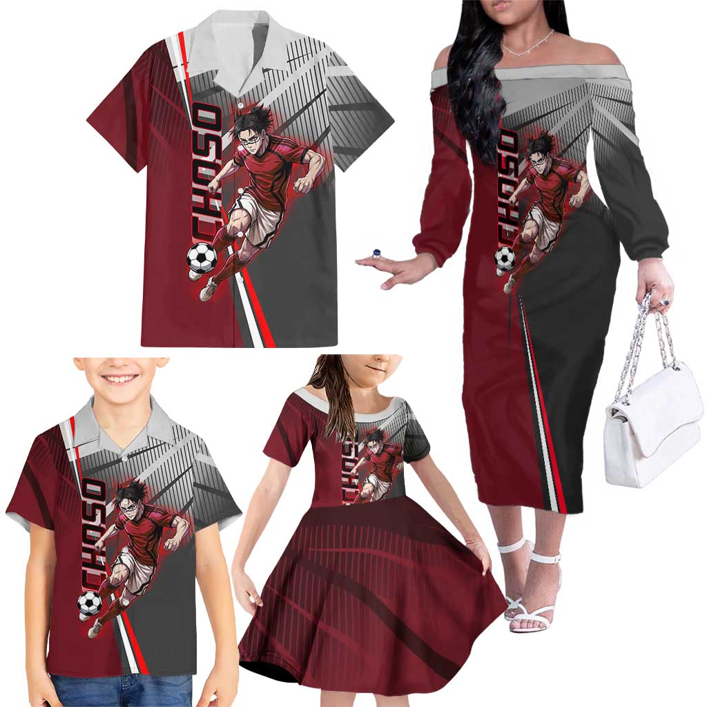 Personalized Choso Jujutsu Kaisen Family Matching Off The Shoulder Long Sleeve Dress and Hawaiian Shirt with Red Gradient and Dynamic Kick Design