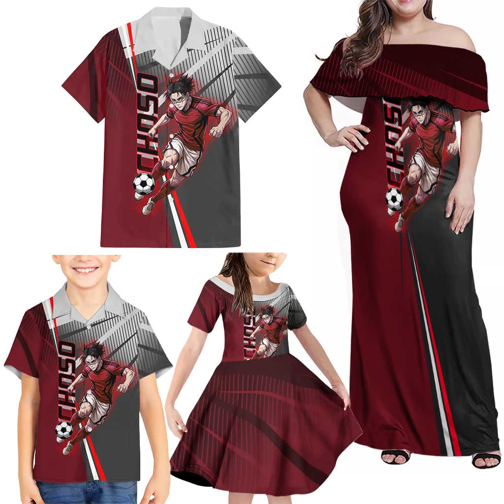Personalized Choso Jujutsu Kaisen Family Matching Off Shoulder Maxi Dress and Hawaiian Shirt with Red Gradient and Dynamic Kick Design