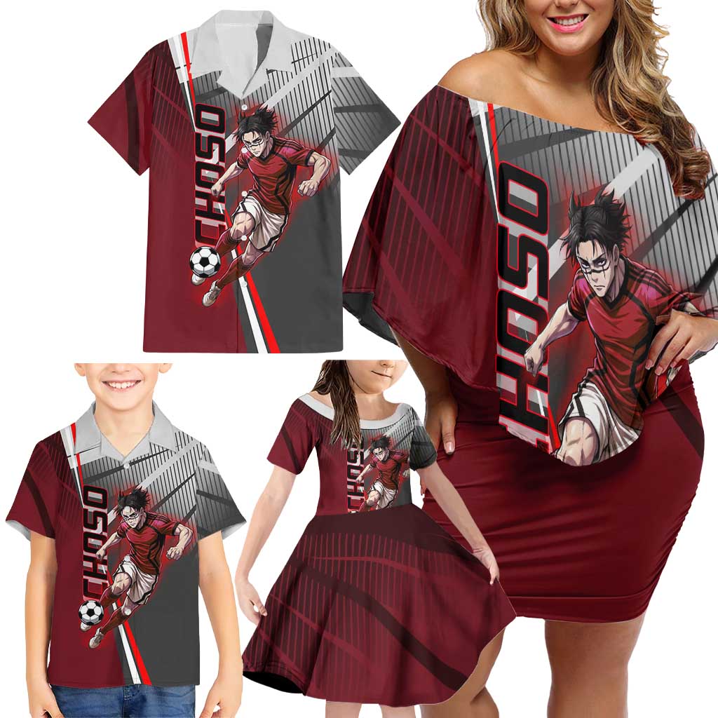Personalized Choso Jujutsu Kaisen Family Matching Off Shoulder Short Dress and Hawaiian Shirt with Red Gradient and Dynamic Kick Design