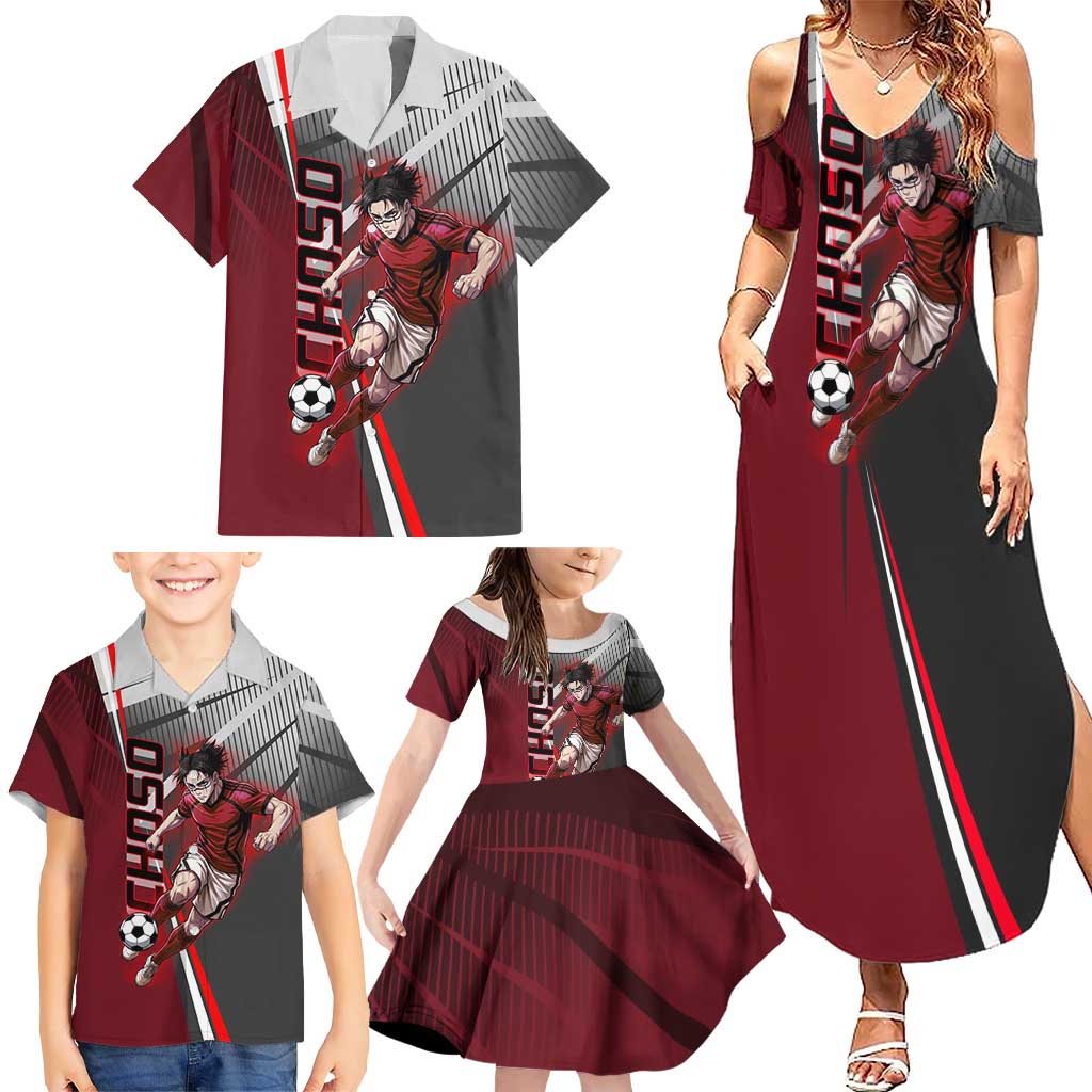 Personalized Choso Jujutsu Kaisen Family Matching Summer Maxi Dress and Hawaiian Shirt with Red Gradient and Dynamic Kick Design