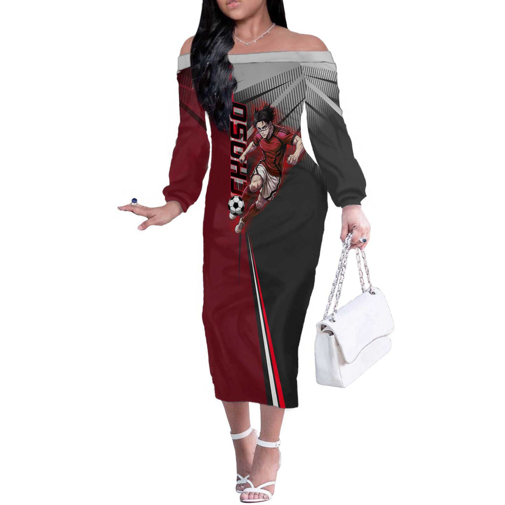 Personalized Choso Jujutsu Kaisen Off The Shoulder Long Sleeve Dress with Red Gradient and Dynamic Kick Design
