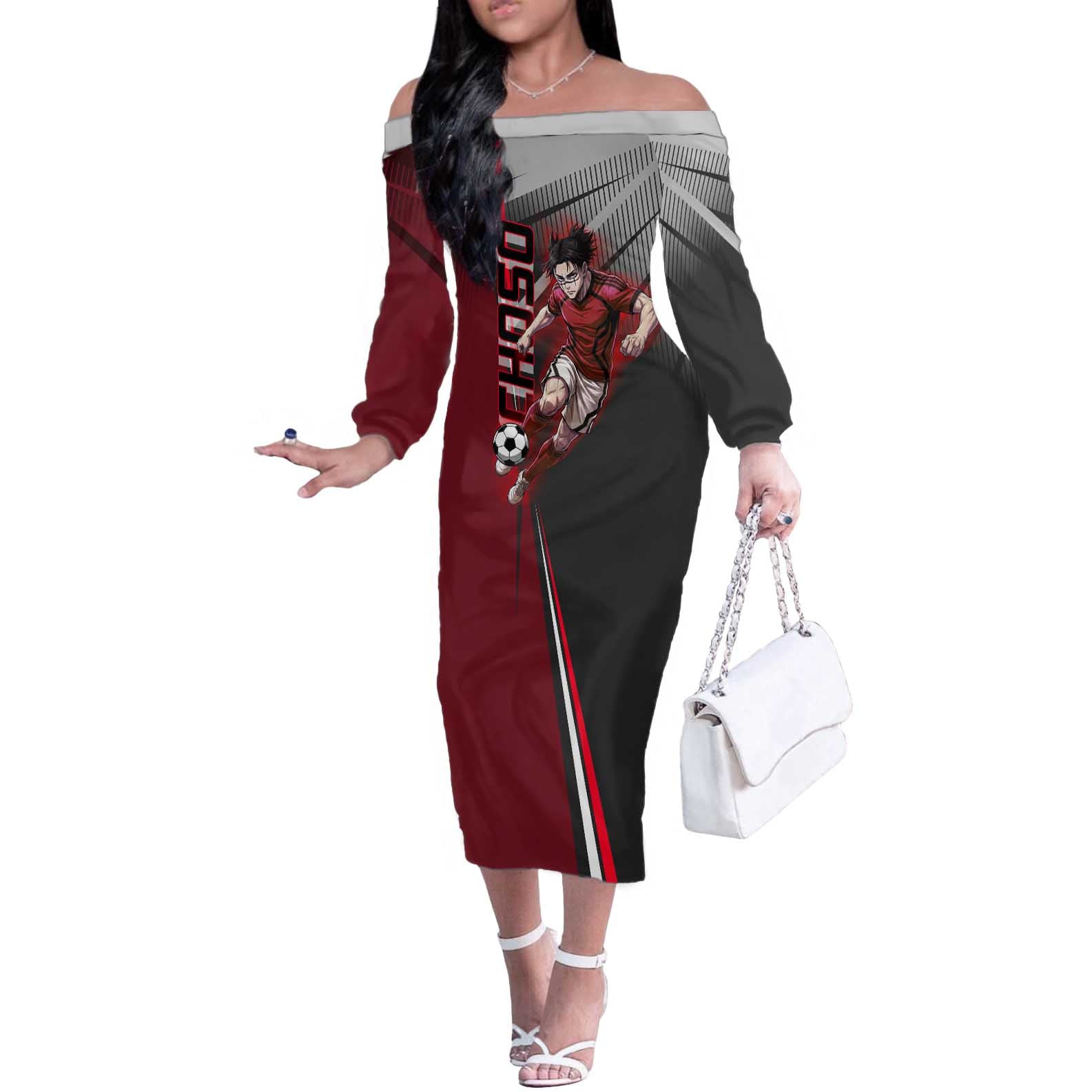 Personalized Choso Jujutsu Kaisen Off The Shoulder Long Sleeve Dress with Red Gradient and Dynamic Kick Design