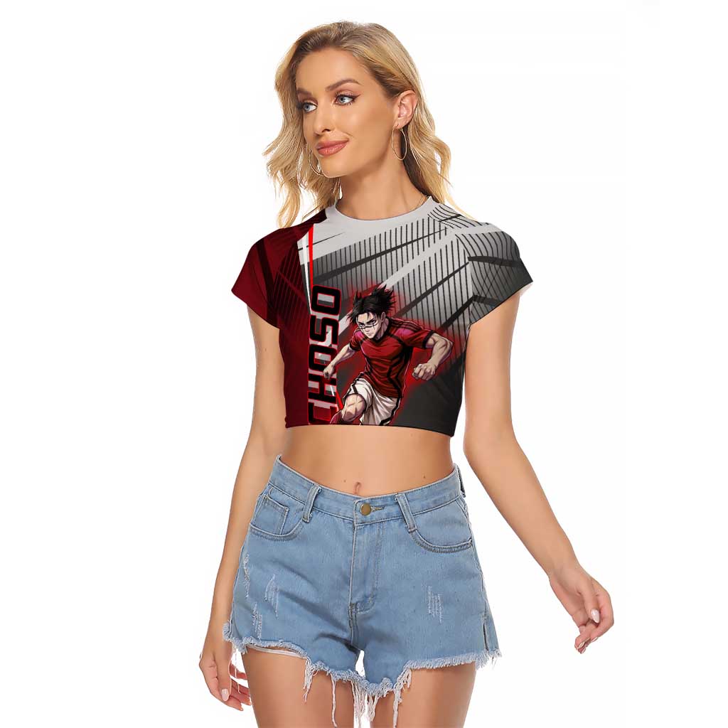 Personalized Choso Jujutsu Kaisen Raglan Cropped T Shirt with Red Gradient and Dynamic Kick Design