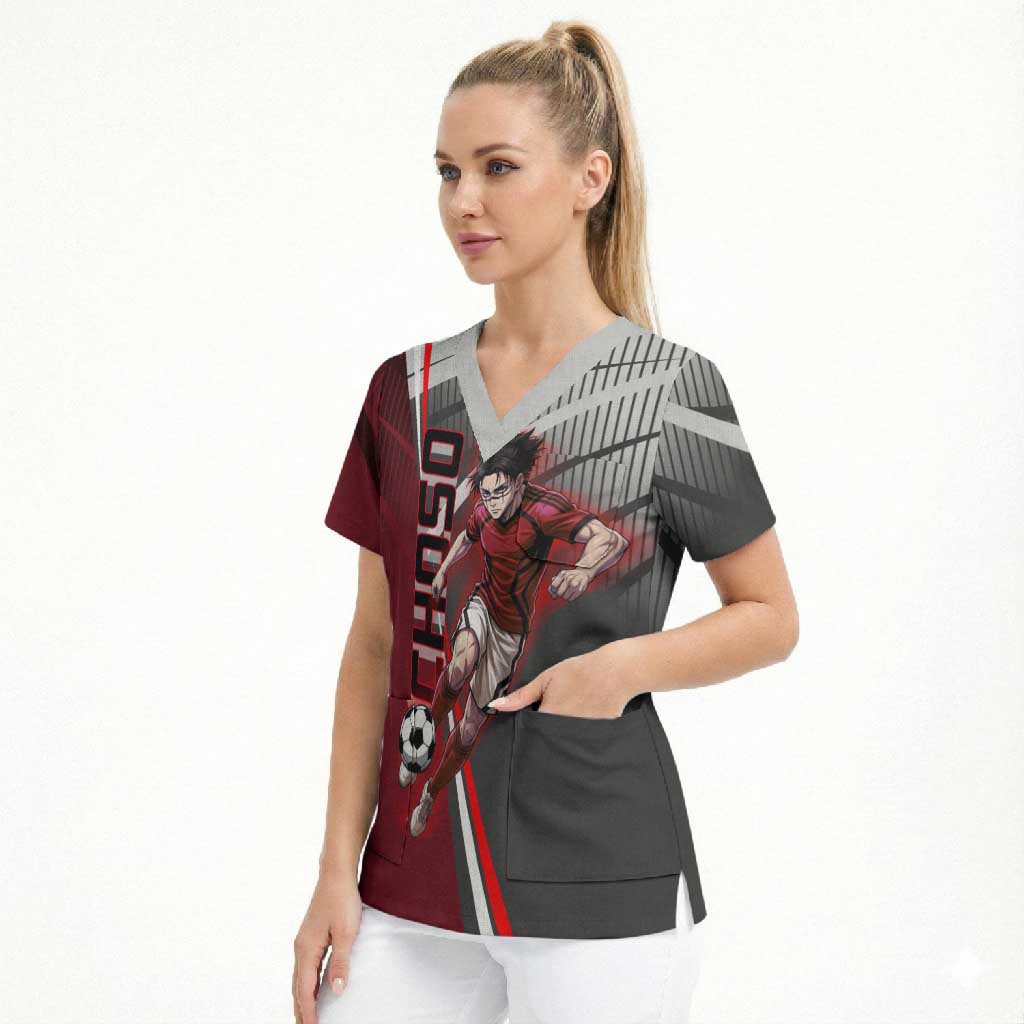 Personalized Choso Jujutsu Kaisen Scrub Top with Red Gradient and Dynamic Kick Design