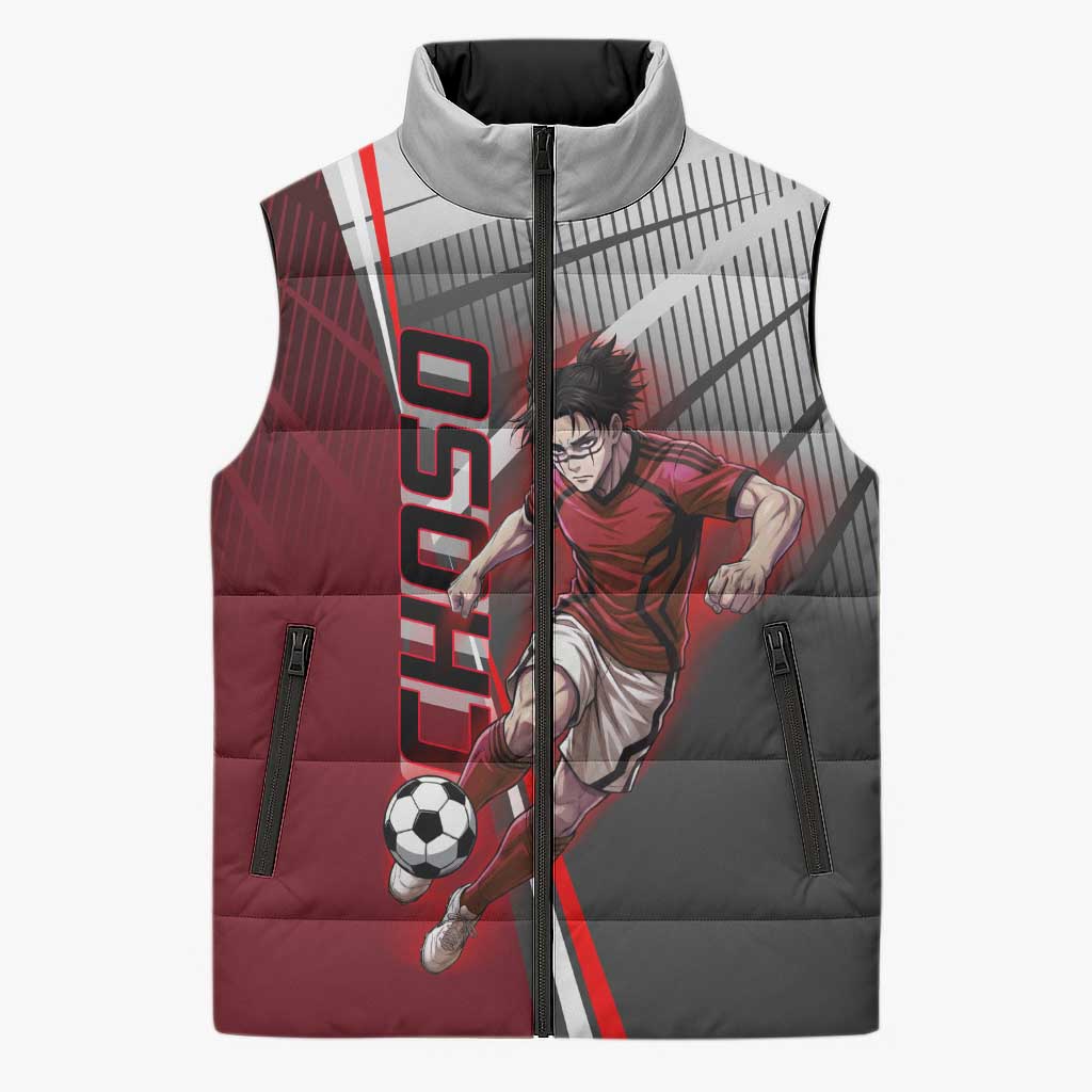 Personalized Choso Jujutsu Kaisen Sleeveless Puffer Jacket with Red Gradient and Dynamic Kick Design