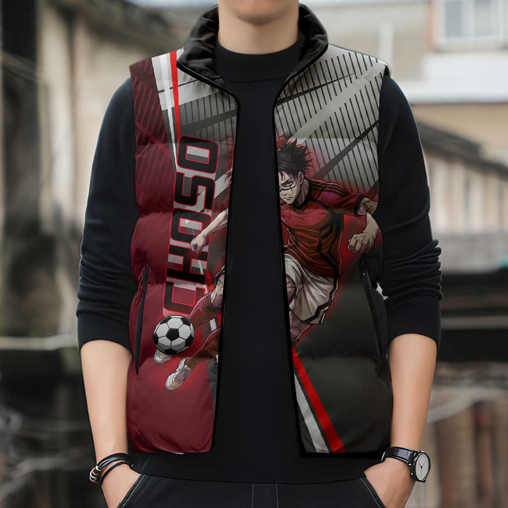 Personalized Choso Jujutsu Kaisen Sleeveless Puffer Jacket with Red Gradient and Dynamic Kick Design