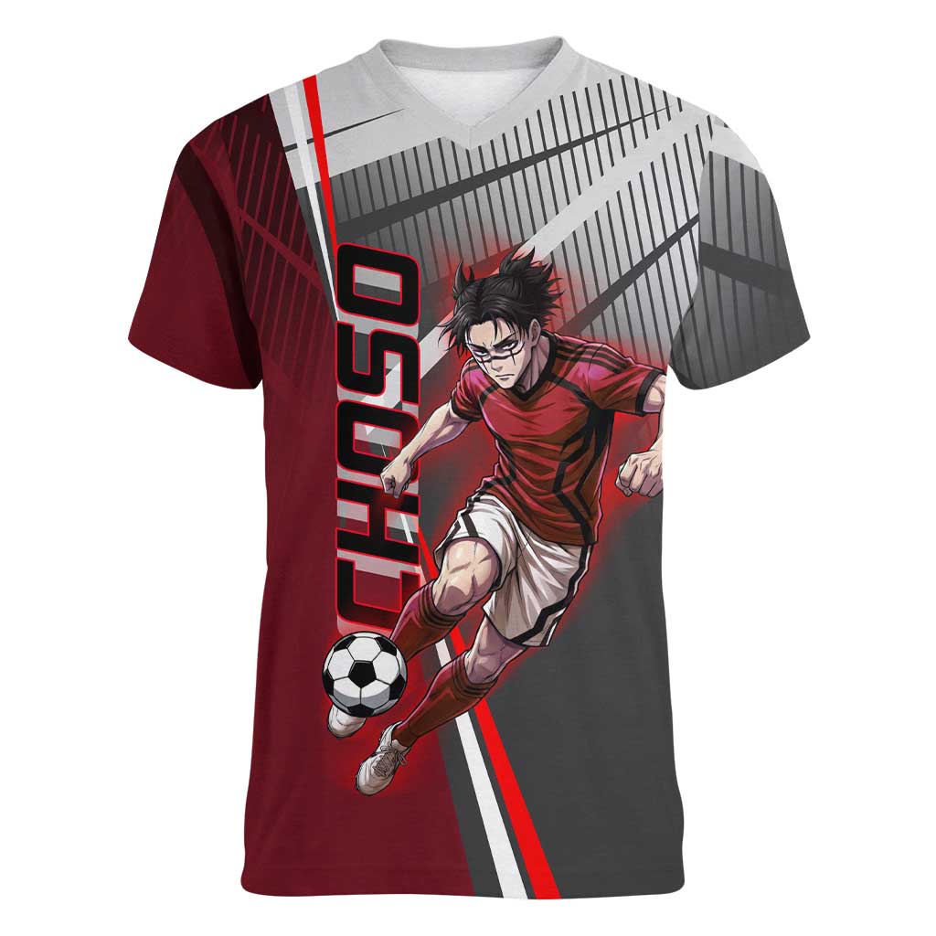 Personalized Choso Jujutsu Kaisen Women V-Neck T-Shirt with Red Gradient and Dynamic Kick Design