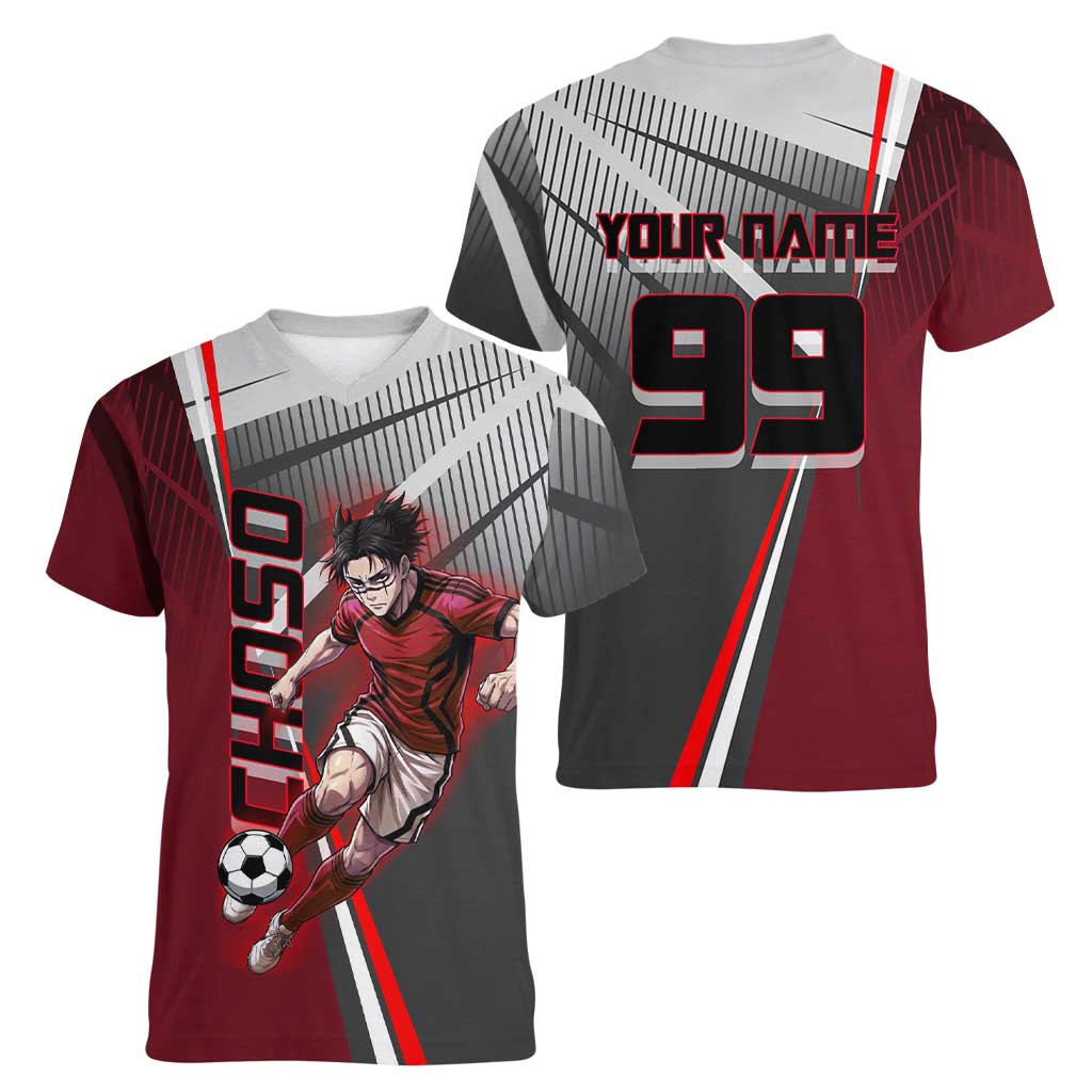 Personalized Choso Jujutsu Kaisen Women V-Neck T-Shirt with Red Gradient and Dynamic Kick Design