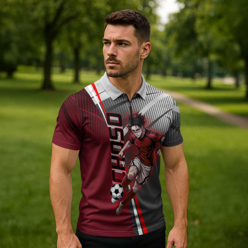 Personalized Choso Jujutsu Kaisen Zipper Polo Shirt with Red Gradient and Dynamic Kick Design