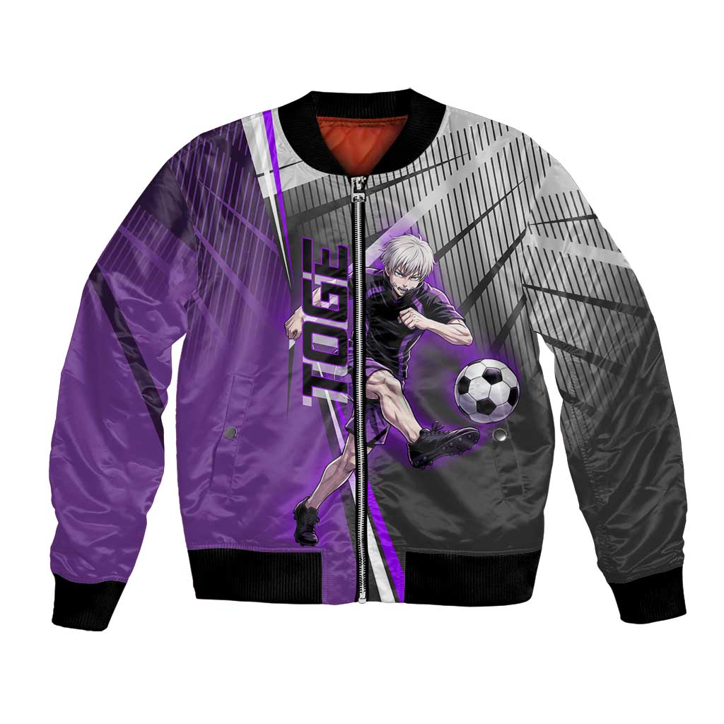 Personalized Toge Inumaki Jujutsu Kaisen Bomber Jacket with Purple Gradient and Action Kick Design