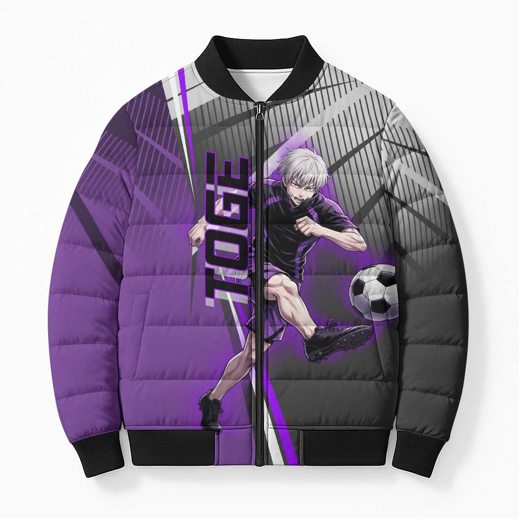 Personalized Toge Inumaki Jujutsu Kaisen Bomber Puffer Jacket with Purple Gradient and Action Kick Design