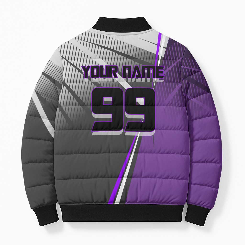 Personalized Toge Inumaki Jujutsu Kaisen Bomber Puffer Jacket with Purple Gradient and Action Kick Design