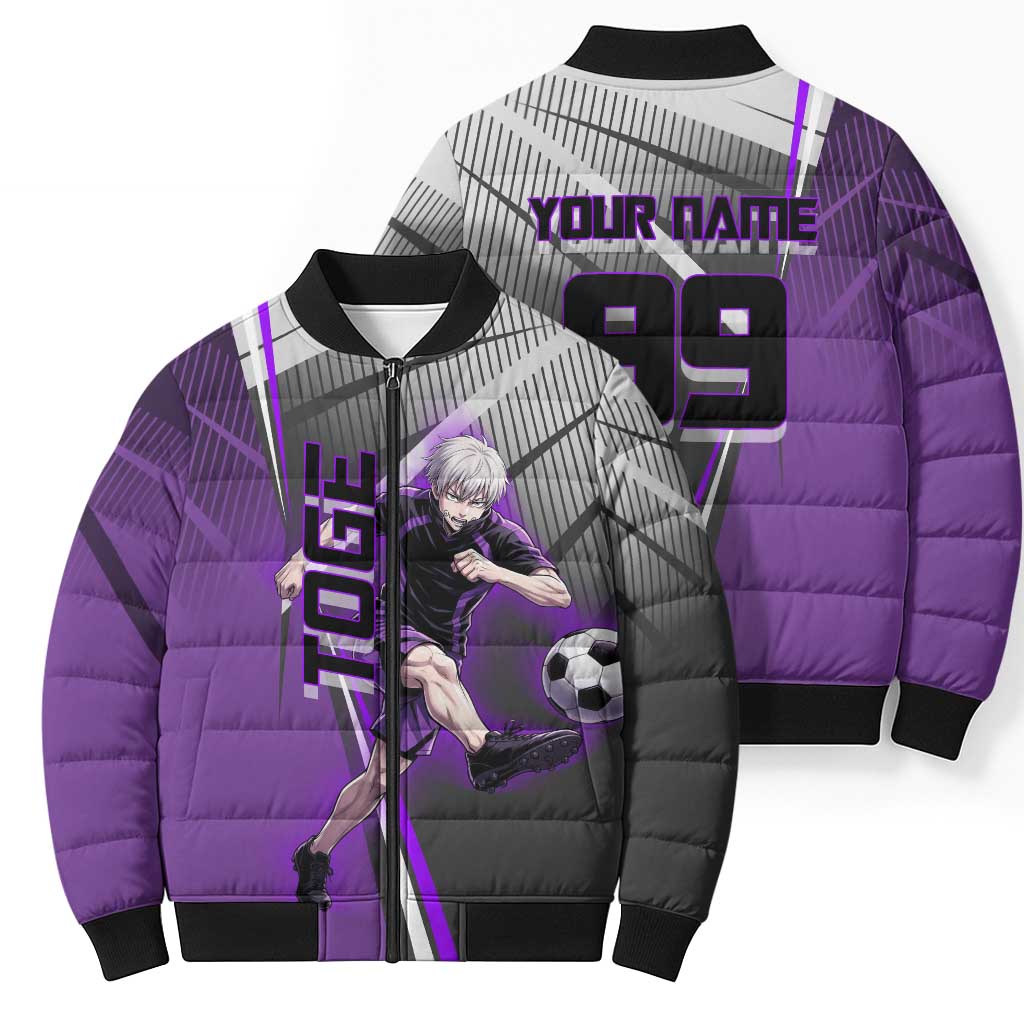 Personalized Toge Inumaki Jujutsu Kaisen Bomber Puffer Jacket with Purple Gradient and Action Kick Design