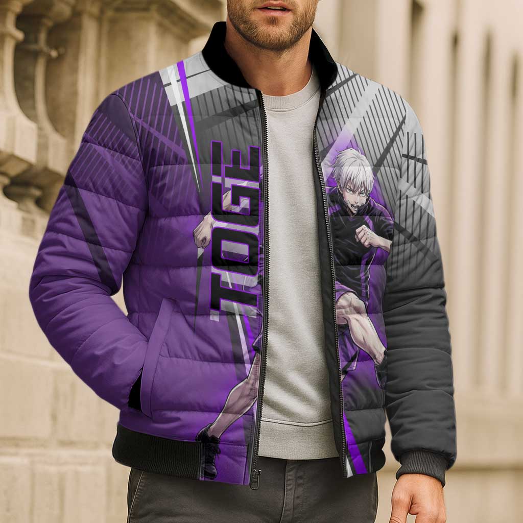 Personalized Toge Inumaki Jujutsu Kaisen Bomber Puffer Jacket with Purple Gradient and Action Kick Design