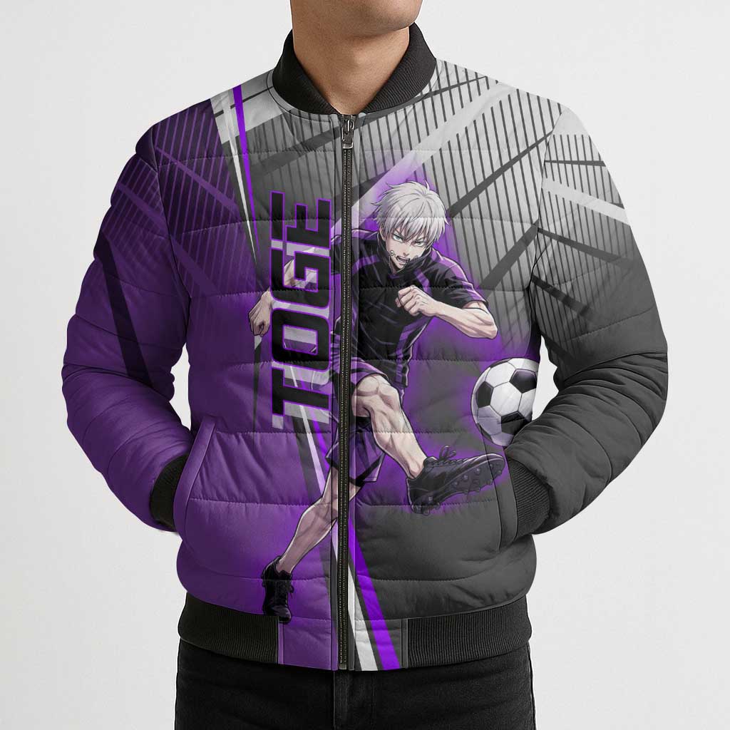 Personalized Toge Inumaki Jujutsu Kaisen Bomber Puffer Jacket with Purple Gradient and Action Kick Design