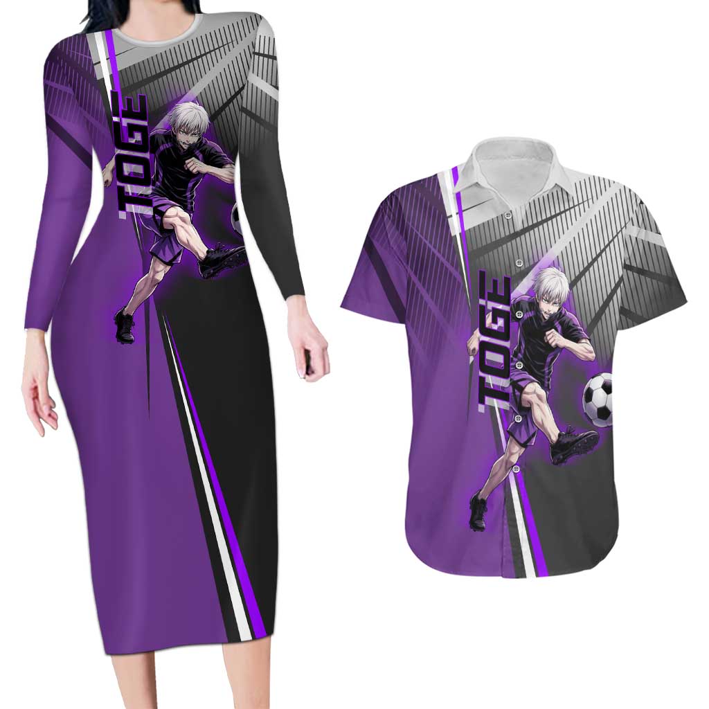 Personalized Toge Inumaki Jujutsu Kaisen Couples Matching Long Sleeve Bodycon Dress and Hawaiian Shirt with Purple Gradient and Action Kick Design