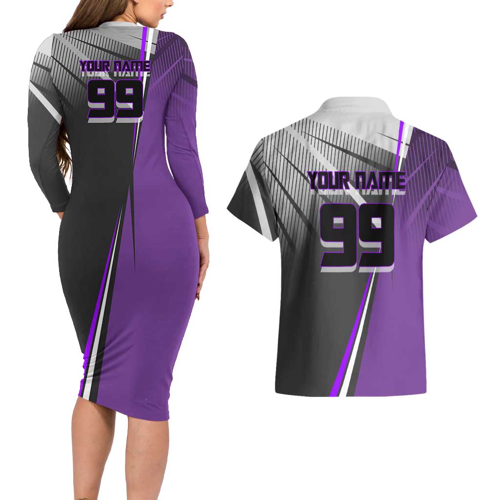 Personalized Toge Inumaki Jujutsu Kaisen Couples Matching Long Sleeve Bodycon Dress and Hawaiian Shirt with Purple Gradient and Action Kick Design