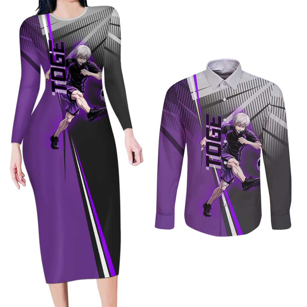 Personalized Toge Inumaki Jujutsu Kaisen Couples Matching Long Sleeve Bodycon Dress and Long Sleeve Button Shirt with Purple Gradient and Action Kick Design