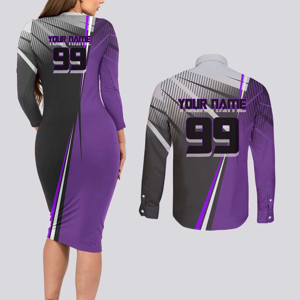 Personalized Toge Inumaki Jujutsu Kaisen Couples Matching Long Sleeve Bodycon Dress and Long Sleeve Button Shirt with Purple Gradient and Action Kick Design
