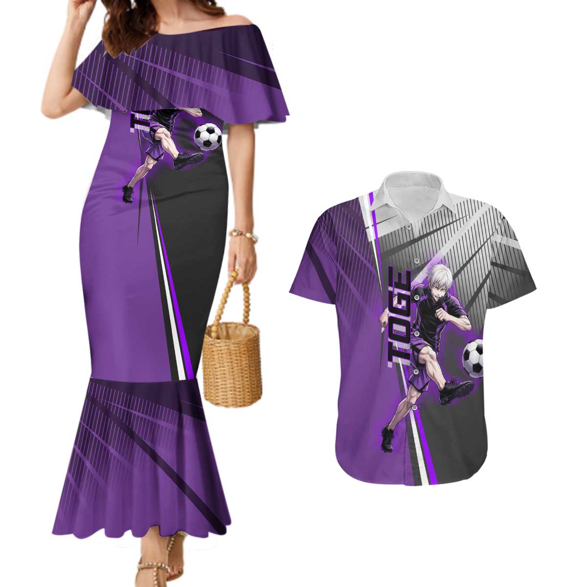 Personalized Toge Inumaki Jujutsu Kaisen Couples Matching Mermaid Dress and Hawaiian Shirt with Purple Gradient and Action Kick Design