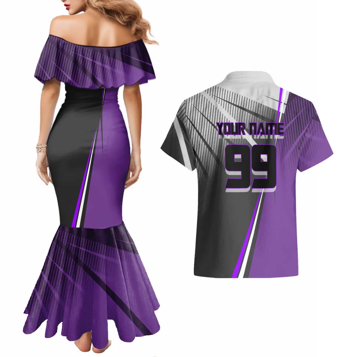 Personalized Toge Inumaki Jujutsu Kaisen Couples Matching Mermaid Dress and Hawaiian Shirt with Purple Gradient and Action Kick Design