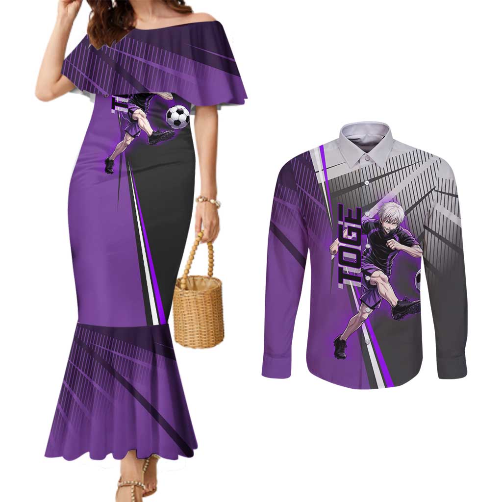 Personalized Toge Inumaki Jujutsu Kaisen Couples Matching Mermaid Dress and Long Sleeve Button Shirt with Purple Gradient and Action Kick Design