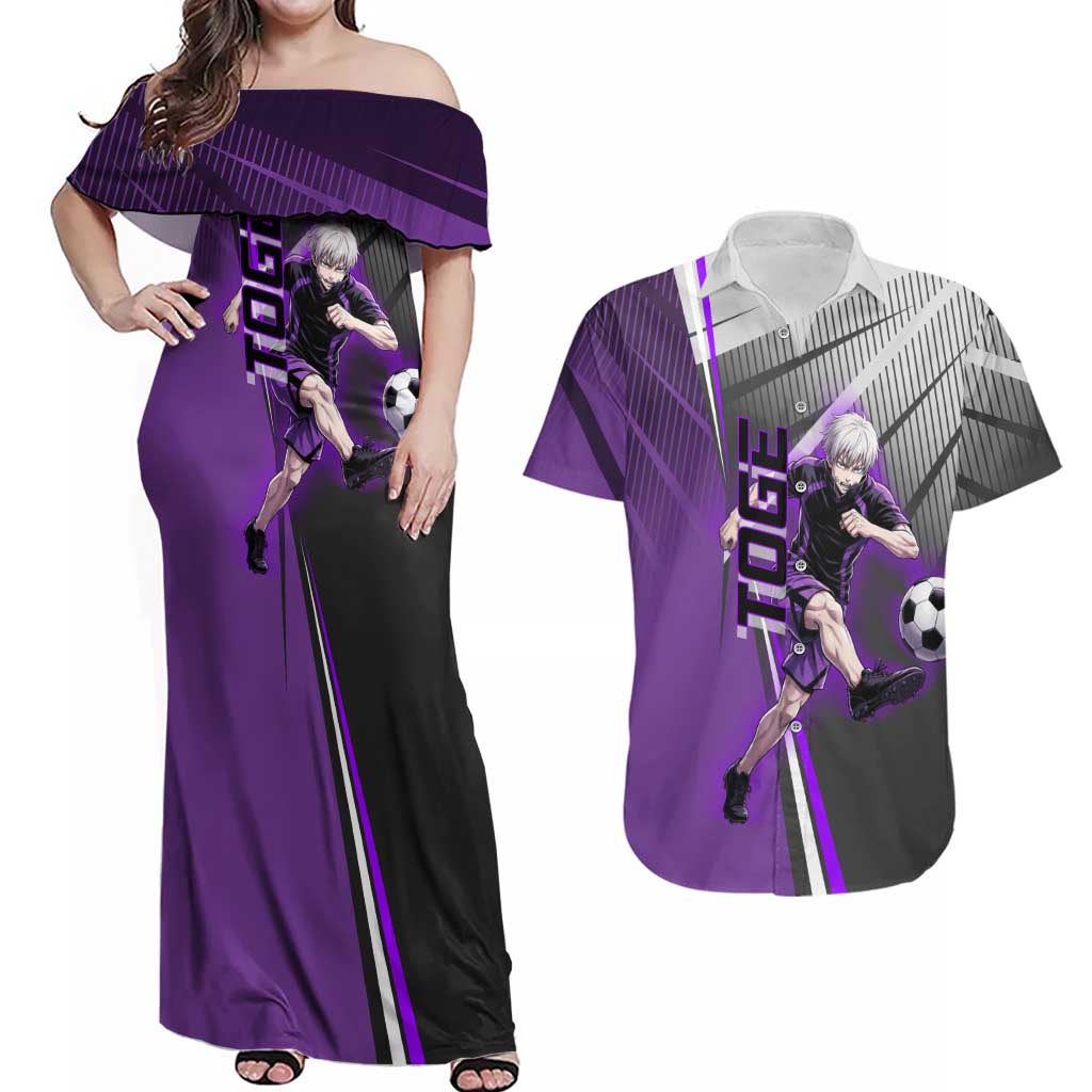 Personalized Toge Inumaki Jujutsu Kaisen Couples Matching Off Shoulder Maxi Dress and Hawaiian Shirt with Purple Gradient and Action Kick Design