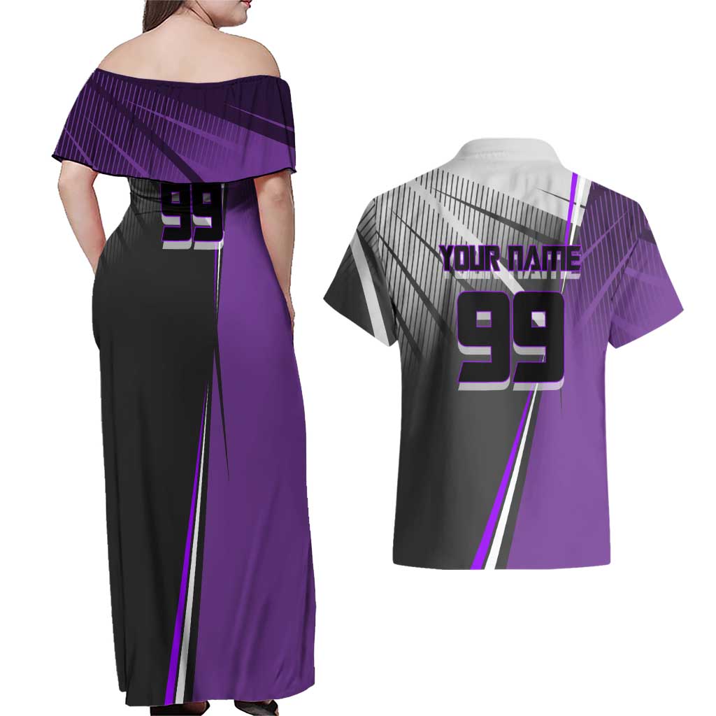 Personalized Toge Inumaki Jujutsu Kaisen Couples Matching Off Shoulder Maxi Dress and Hawaiian Shirt with Purple Gradient and Action Kick Design