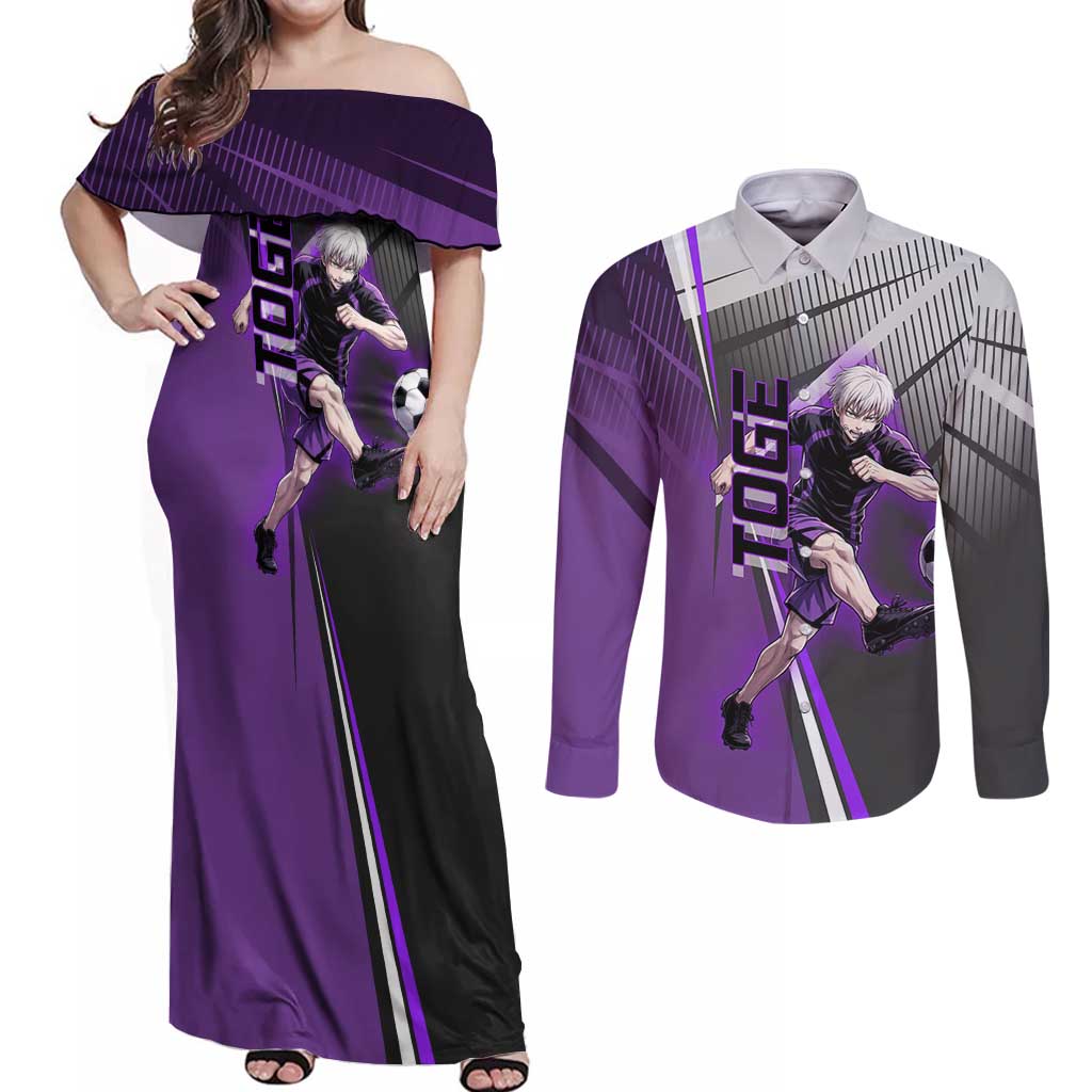 Personalized Toge Inumaki Jujutsu Kaisen Couples Matching Off Shoulder Maxi Dress and Long Sleeve Button Shirt with Purple Gradient and Action Kick Design