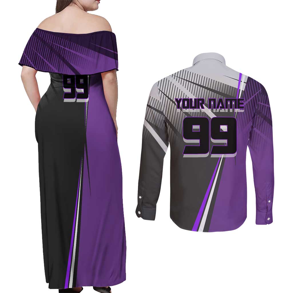 Personalized Toge Inumaki Jujutsu Kaisen Couples Matching Off Shoulder Maxi Dress and Long Sleeve Button Shirt with Purple Gradient and Action Kick Design