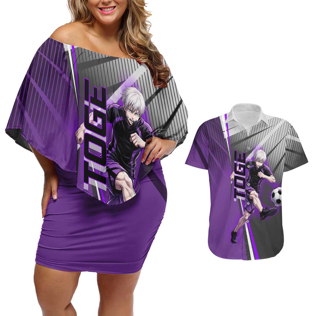 Personalized Toge Inumaki Jujutsu Kaisen Couples Matching Off Shoulder Short Dress and Hawaiian Shirt with Purple Gradient and Action Kick Design