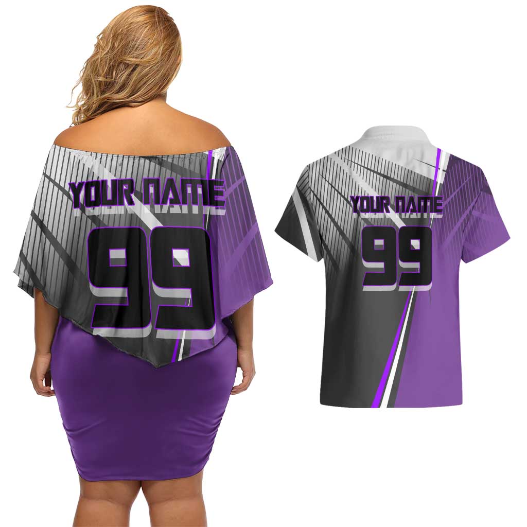 Personalized Toge Inumaki Jujutsu Kaisen Couples Matching Off Shoulder Short Dress and Hawaiian Shirt with Purple Gradient and Action Kick Design
