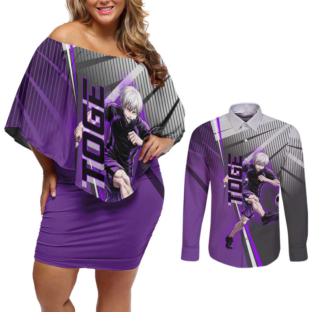 Personalized Toge Inumaki Jujutsu Kaisen Couples Matching Off Shoulder Short Dress and Long Sleeve Button Shirt with Purple Gradient and Action Kick Design