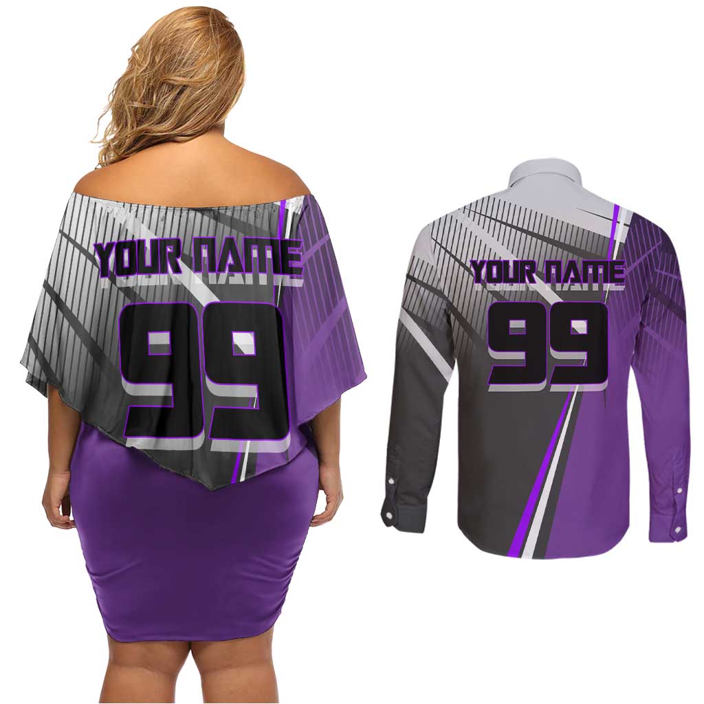 Personalized Toge Inumaki Jujutsu Kaisen Couples Matching Off Shoulder Short Dress and Long Sleeve Button Shirt with Purple Gradient and Action Kick Design