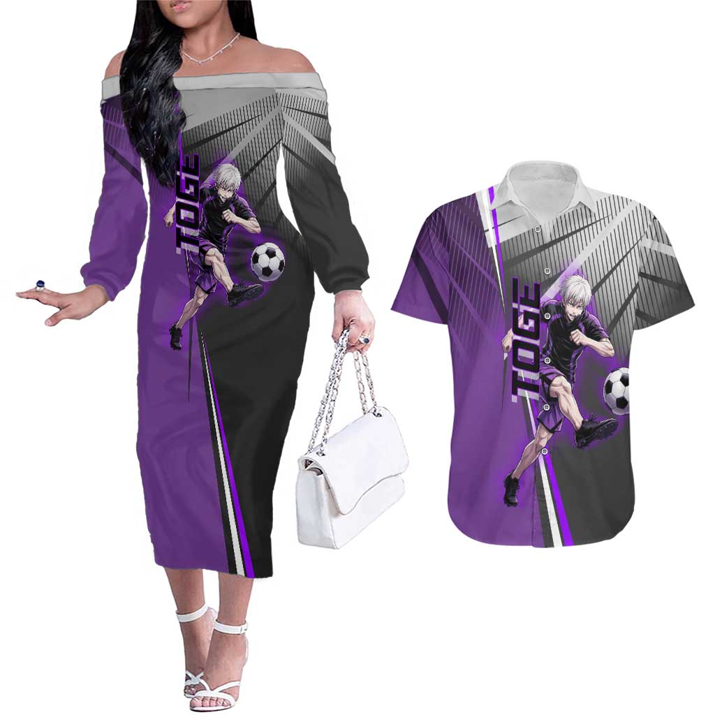 Personalized Toge Inumaki Jujutsu Kaisen Couples Matching Off The Shoulder Long Sleeve Dress and Hawaiian Shirt with Purple Gradient and Action Kick Design