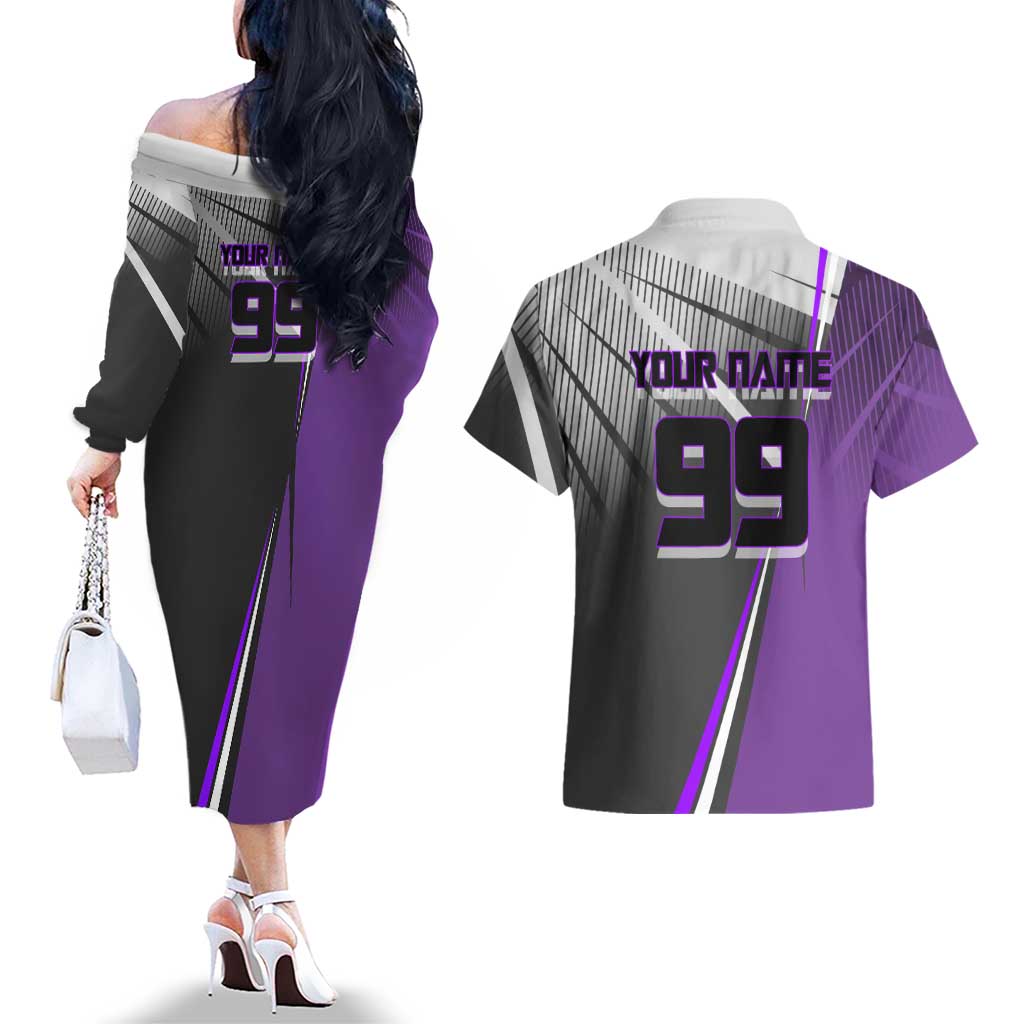 Personalized Toge Inumaki Jujutsu Kaisen Couples Matching Off The Shoulder Long Sleeve Dress and Hawaiian Shirt with Purple Gradient and Action Kick Design