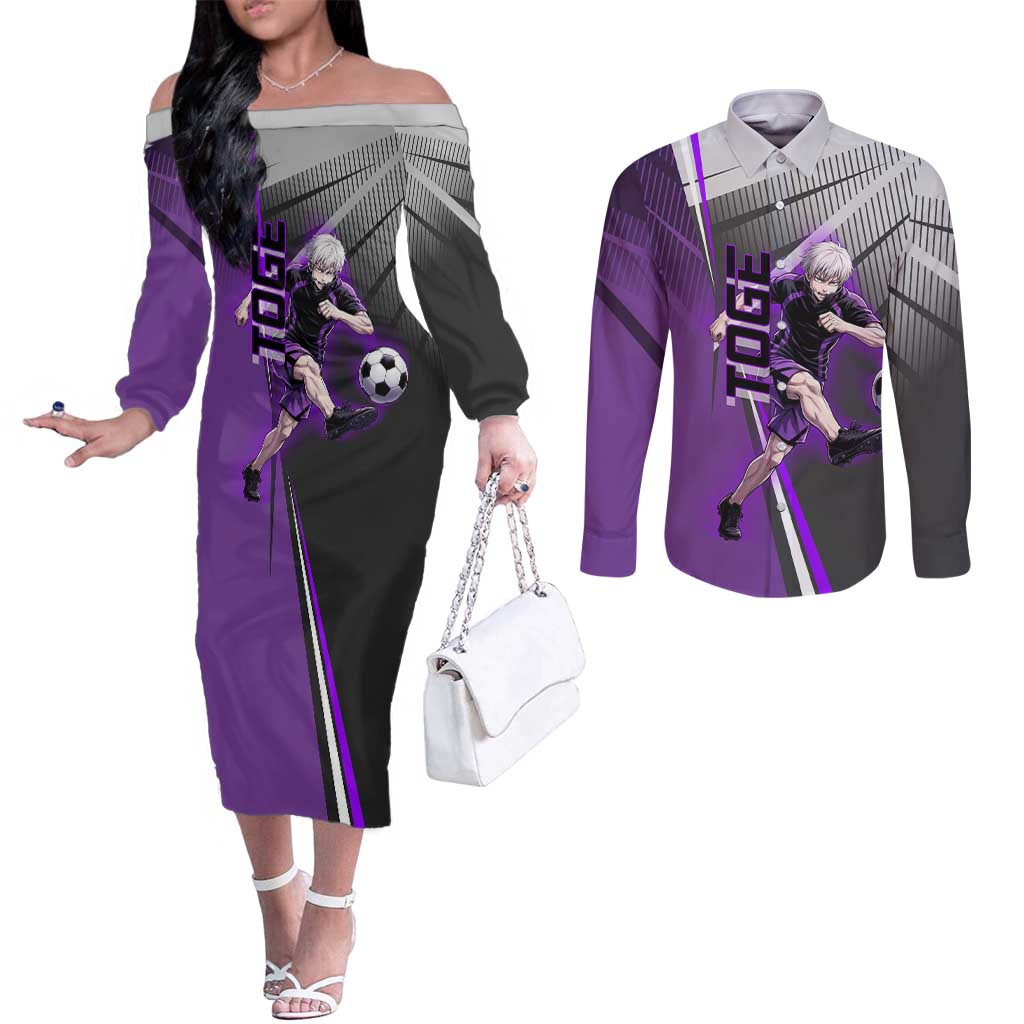 Personalized Toge Inumaki Jujutsu Kaisen Couples Matching Off The Shoulder Long Sleeve Dress and Long Sleeve Button Shirt with Purple Gradient and Action Kick Design