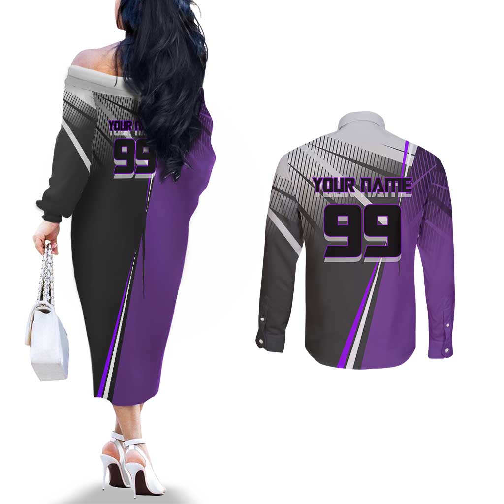 Personalized Toge Inumaki Jujutsu Kaisen Couples Matching Off The Shoulder Long Sleeve Dress and Long Sleeve Button Shirt with Purple Gradient and Action Kick Design