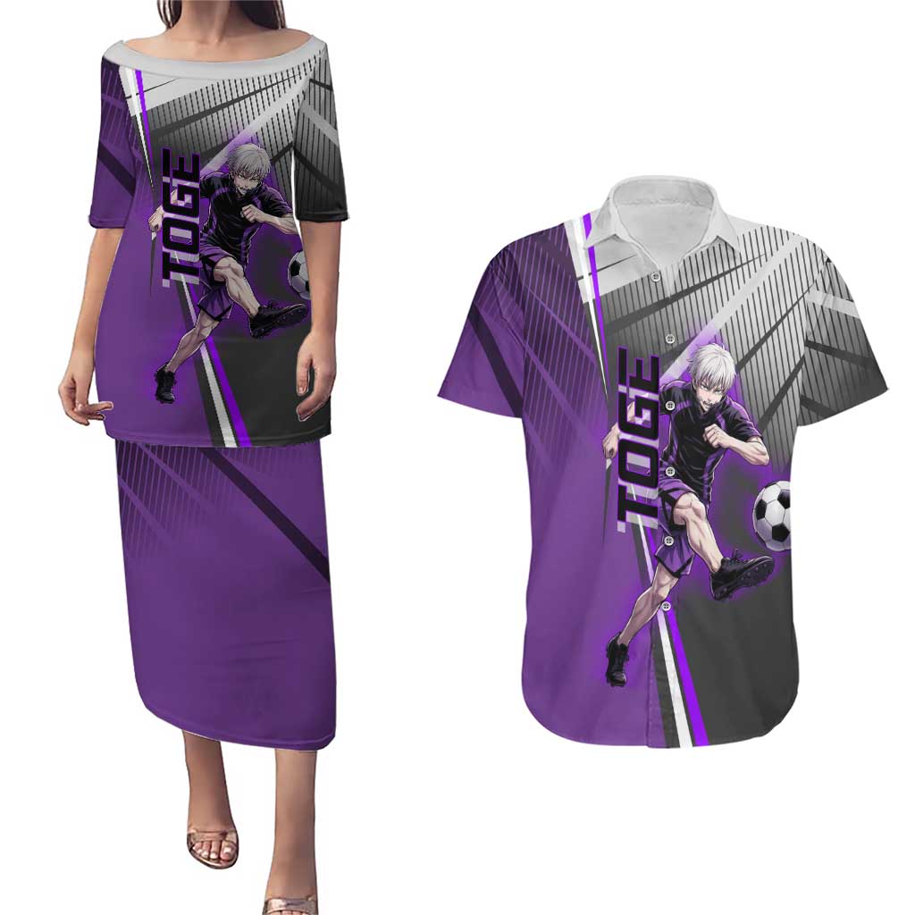 Personalized Toge Inumaki Jujutsu Kaisen Couples Matching Puletasi and Hawaiian Shirt with Purple Gradient and Action Kick Design