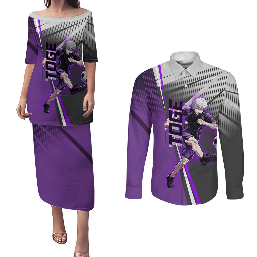 Personalized Toge Inumaki Jujutsu Kaisen Couples Matching Puletasi and Long Sleeve Button Shirt with Purple Gradient and Action Kick Design